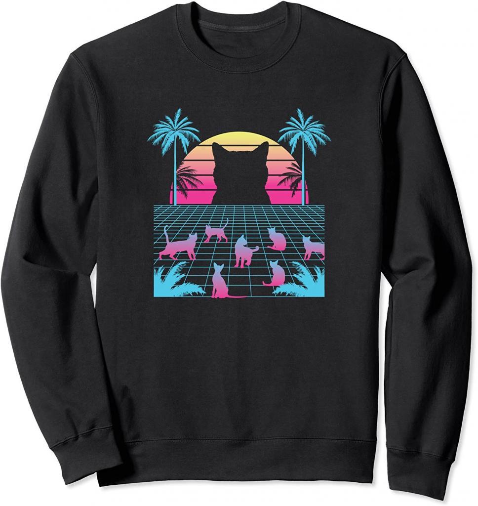 Vaporwave Katze mit Palmen und retro Sonne Sweater
