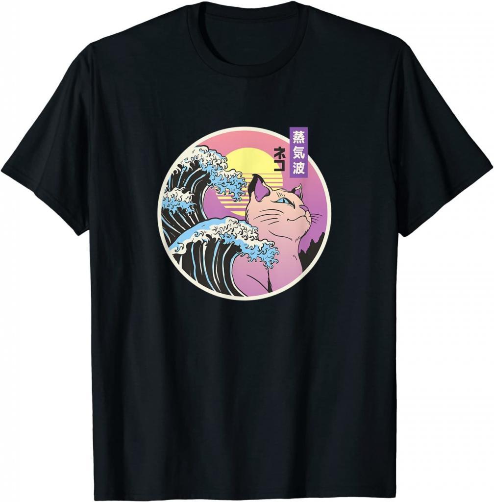 Vaporwave Katzen Design mit Katze Welle und retro Sonne T-Shirt
