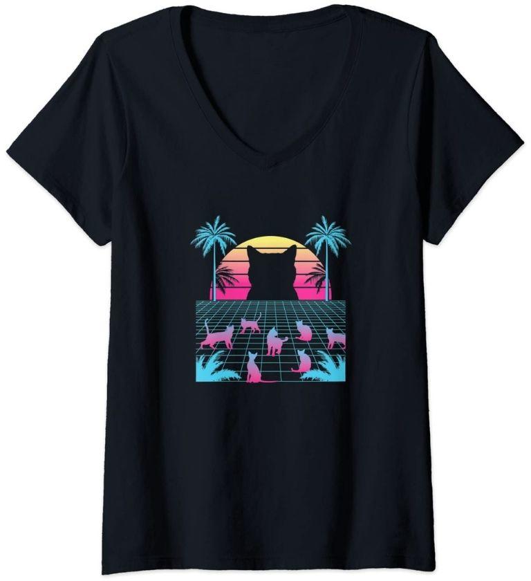 Vaporwave mit Palmen V-Neck Katzen T-Shirt