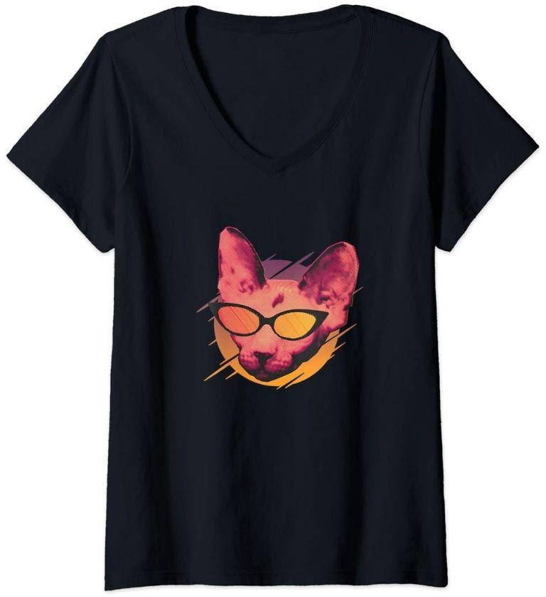 Sphynx Katze mit Brille V-Neck T-Shirt