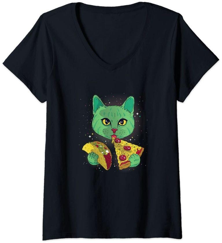 Weltraumkatze mit Pizza Vneck Shirt