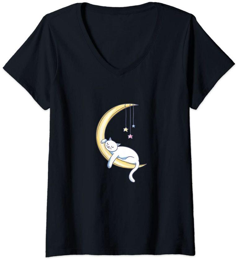 Schlafende Katze auf Mond Vneck T-Shirt